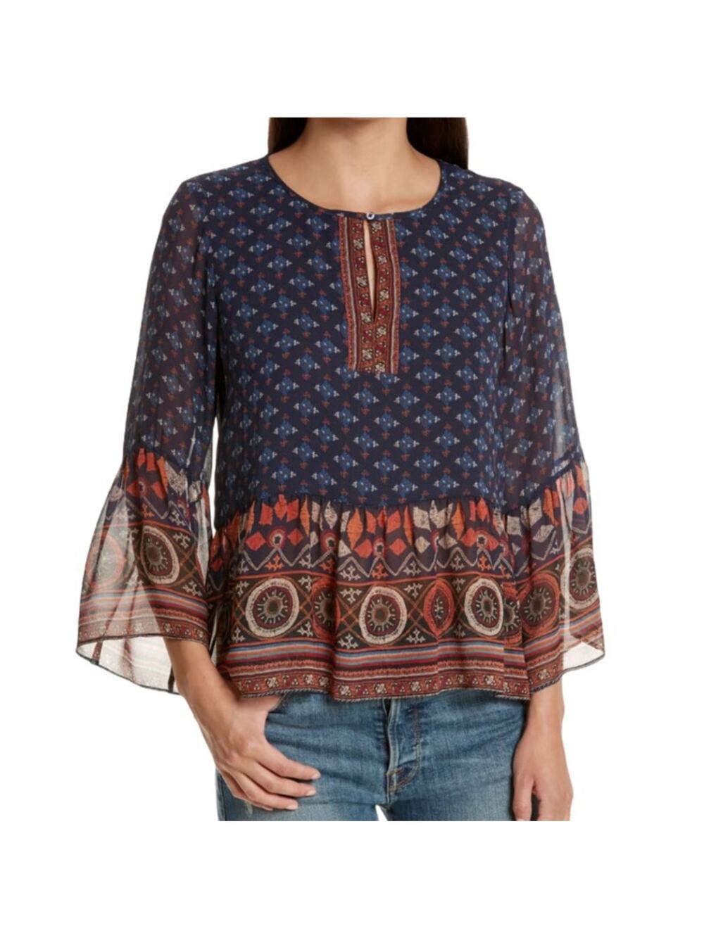 JOIE Hakima Navy Blue Orange Silk Peplum Boho Blouse size Small
